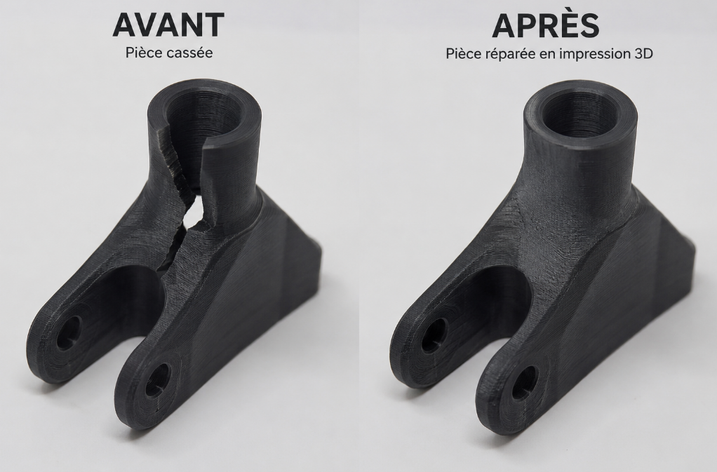 Avant après d'une pièce cassée reproduite et réparée grâce à l'impression 3D