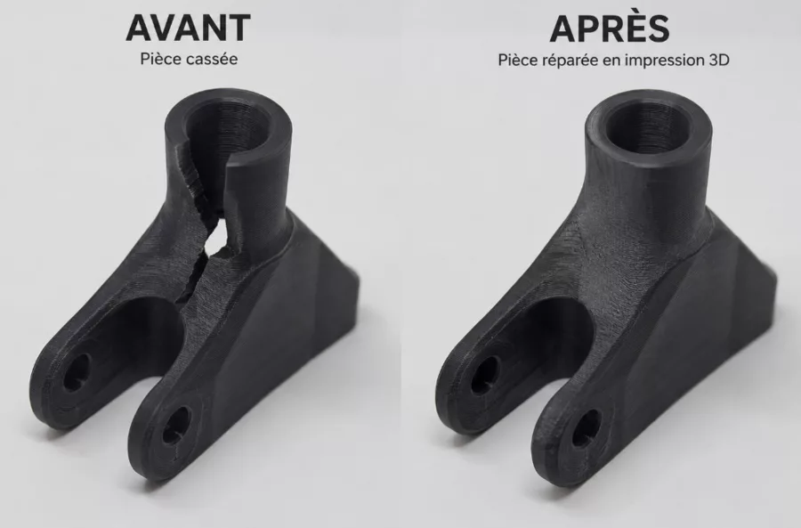 Avant après d'une pièce cassée reproduite et réparée grâce à l'impression 3D